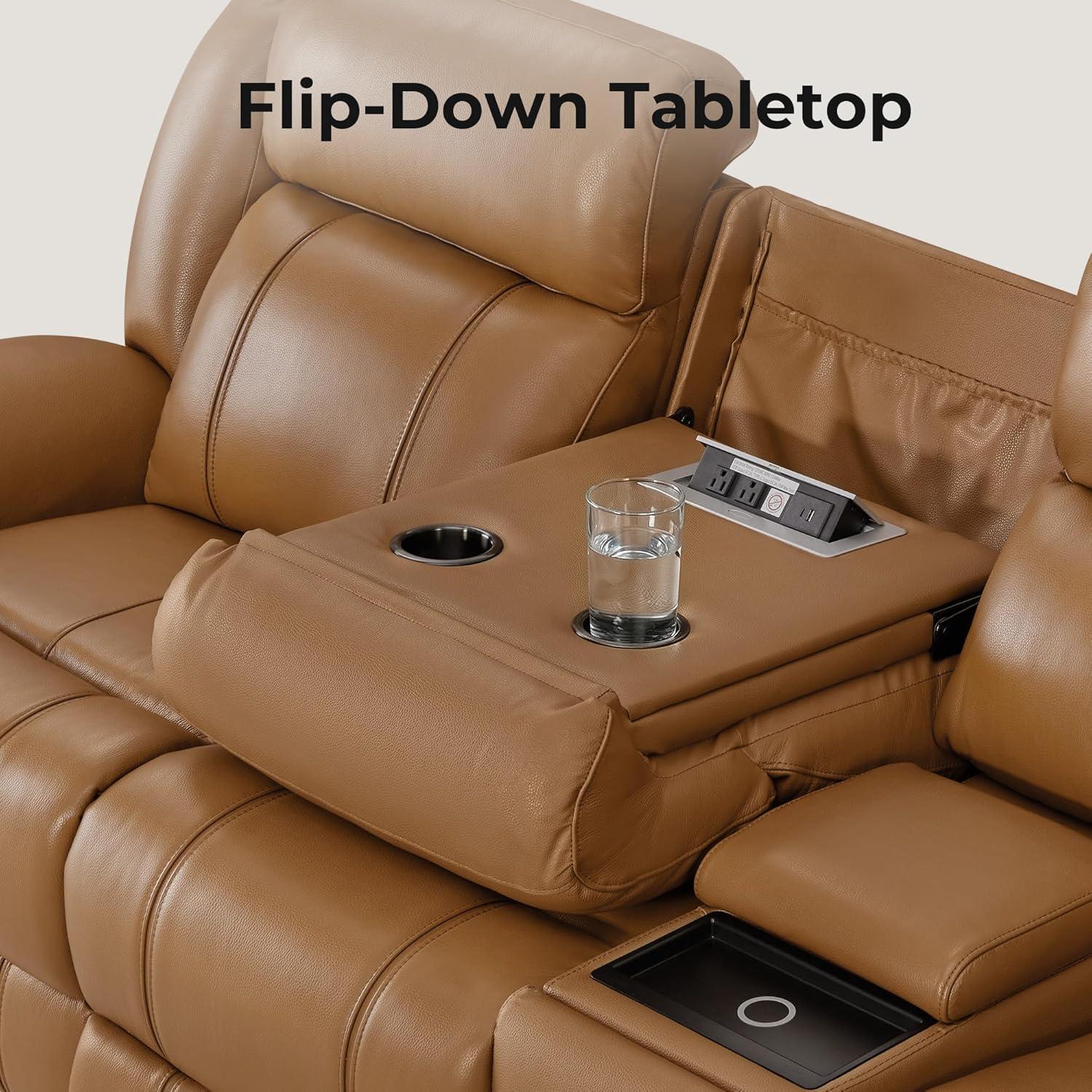 image:imageCHITA Genuine Leather Power Recliner Sofa Wall Hugger Reclining Loveseat with Console Power Headrest Charging Ports Reclining Sectional Couch for Living Room RV Dark BrownSaddle