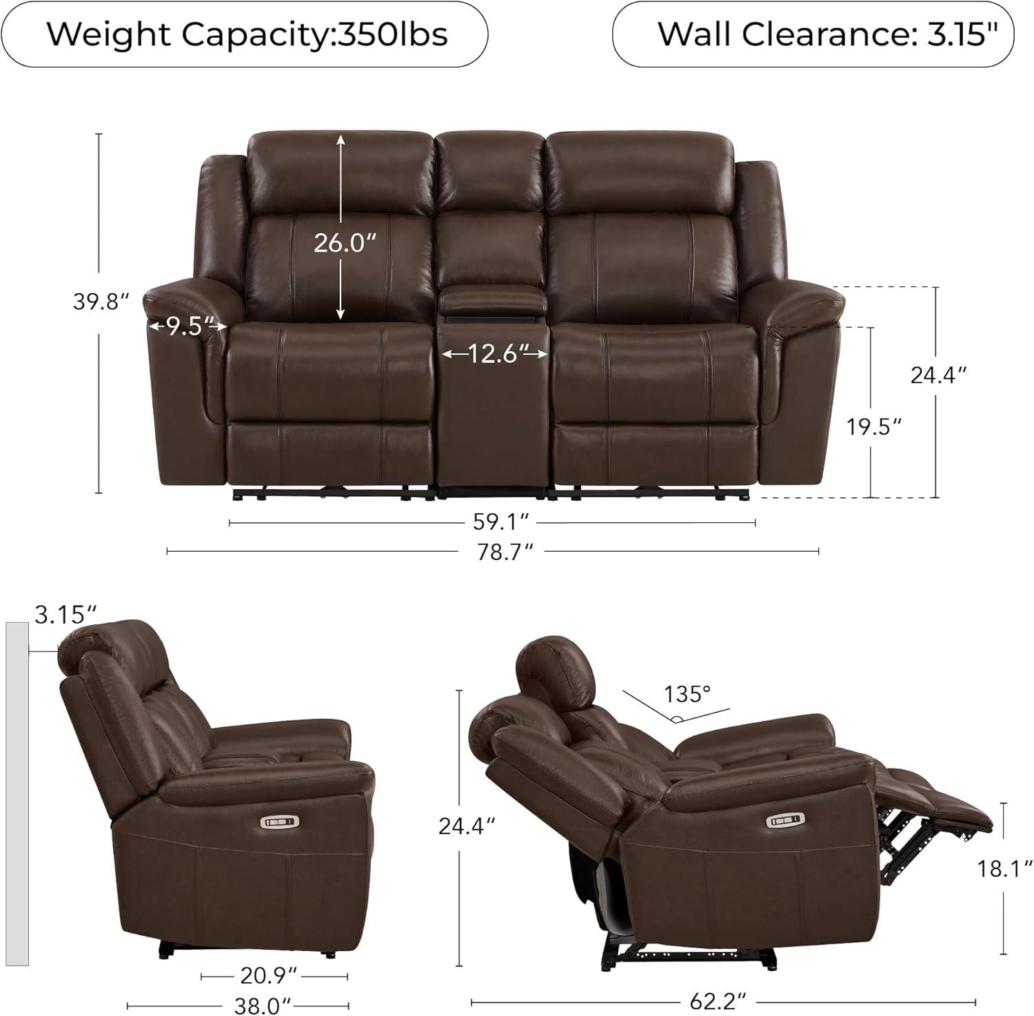image:imageCHITA Genuine Leather Power Recliner Sofa Wall Hugger Reclining Loveseat with Console Power Headrest Charging Ports Reclining Sectional Couch for Living Room RV Dark BrownDark Brown