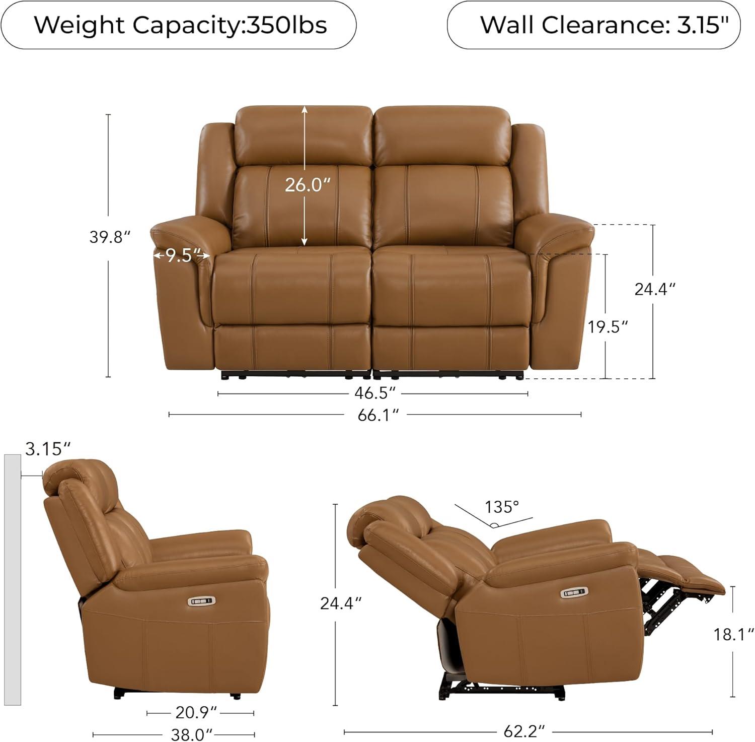 image:imageCHITA Genuine Leather Power Recliner Sofa Wall Hugger Reclining Loveseat with Console Power Headrest Charging Ports Reclining Sectional Couch for Living Room RV Dark BrownSaddle