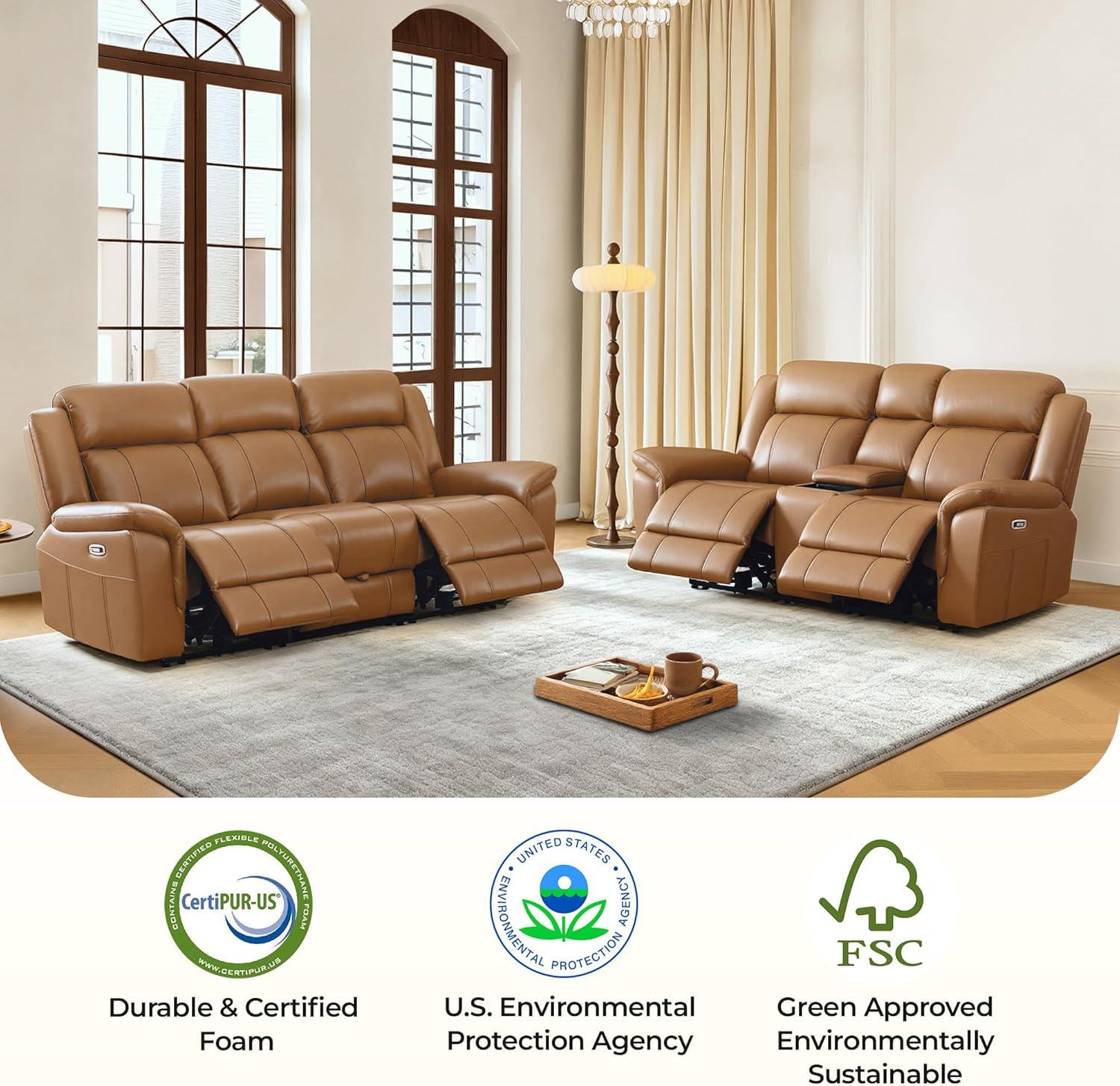 image:imageCHITA Genuine Leather Power Recliner Sofa Wall Hugger Reclining Loveseat with Console Power Headrest Charging Ports Reclining Sectional Couch for Living Room RV Dark BrownSaddle