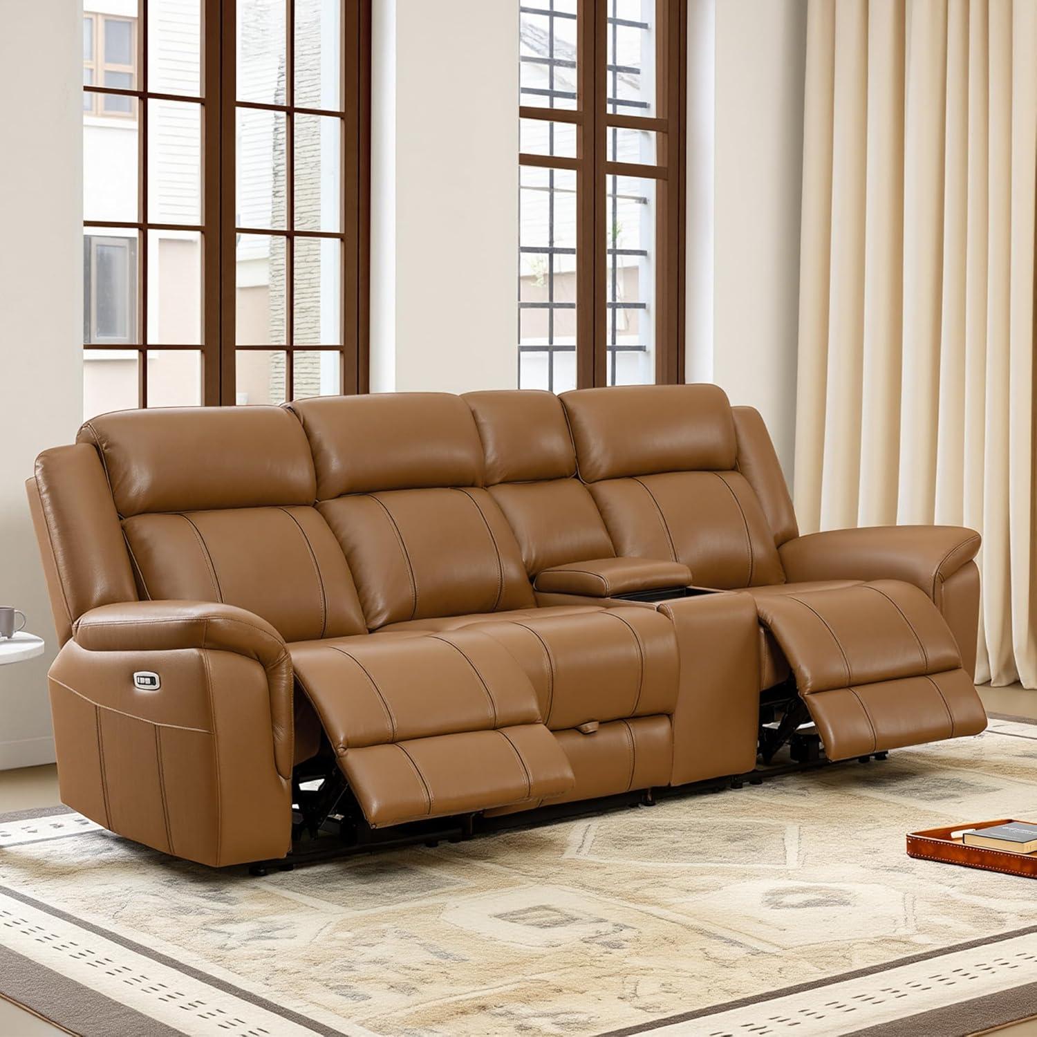image:imageCHITA Genuine Leather Power Recliner Sofa Wall Hugger Reclining Loveseat with Console Power Headrest Charging Ports Reclining Sectional Couch for Living Room RV Dark BrownSaddle