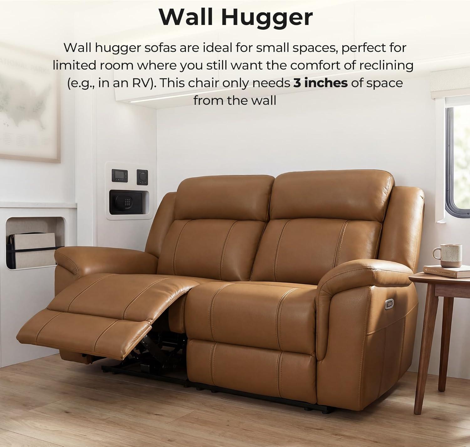 image:imageCHITA Genuine Leather Power Recliner Sofa Wall Hugger Reclining Loveseat with Console Power Headrest Charging Ports Reclining Sectional Couch for Living Room RV Dark BrownSaddle
