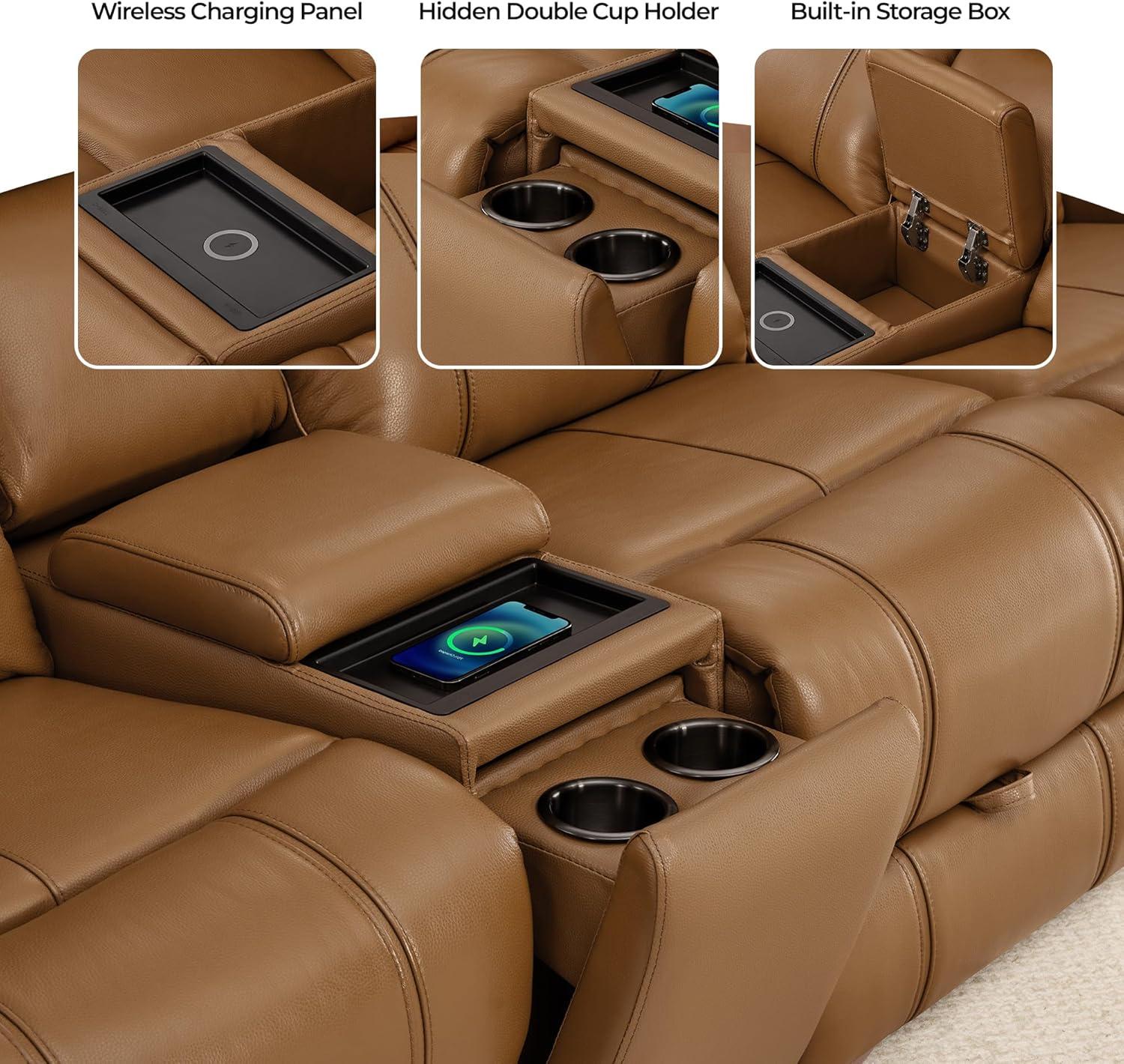 image:imageCHITA Genuine Leather Power Recliner Sofa Wall Hugger Reclining Loveseat with Console Power Headrest Charging Ports Reclining Sectional Couch for Living Room RV Dark BrownSaddle