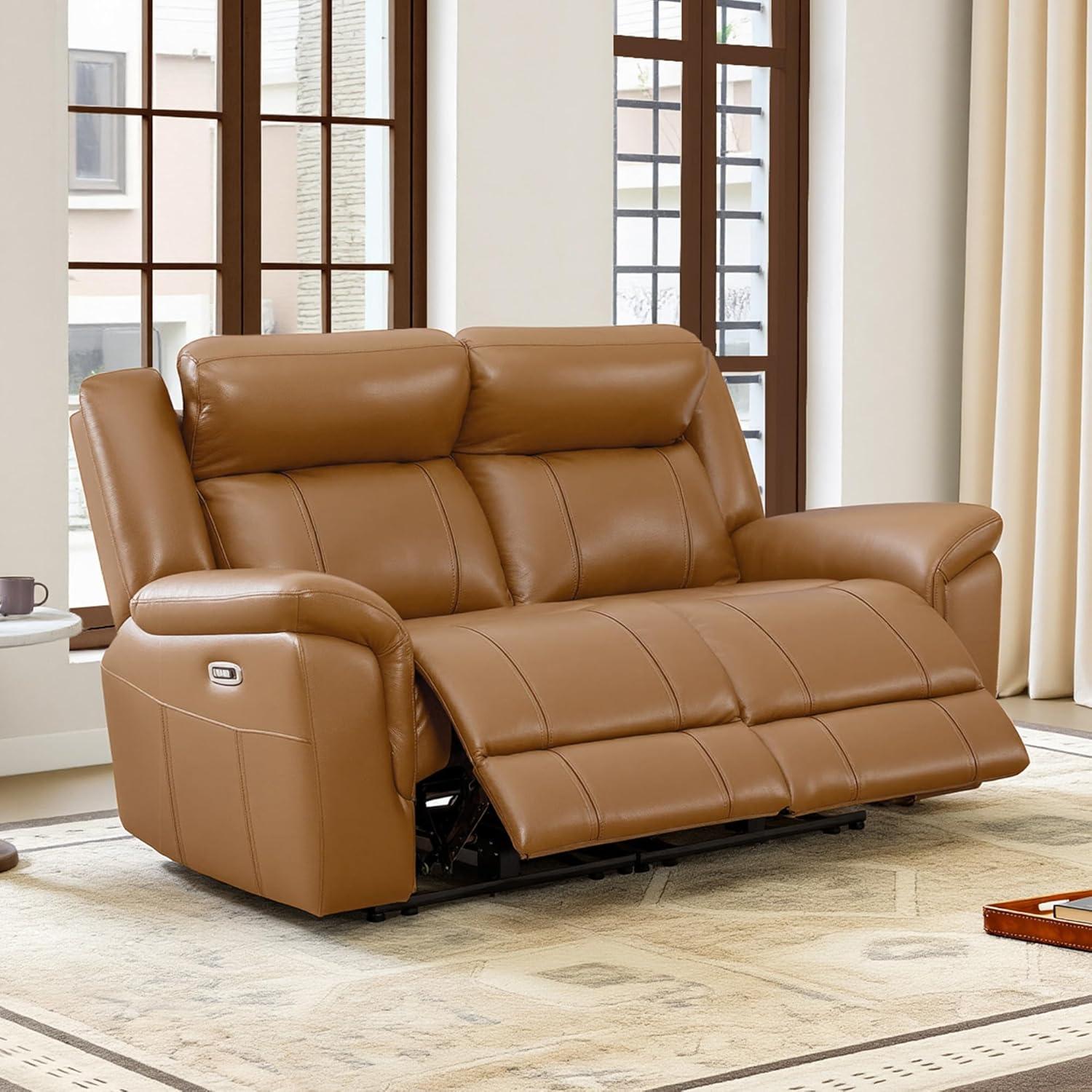 image:imageCHITA Genuine Leather Power Recliner Sofa Wall Hugger Reclining Loveseat with Console Power Headrest Charging Ports Reclining Sectional Couch for Living Room RV Dark BrownSaddle