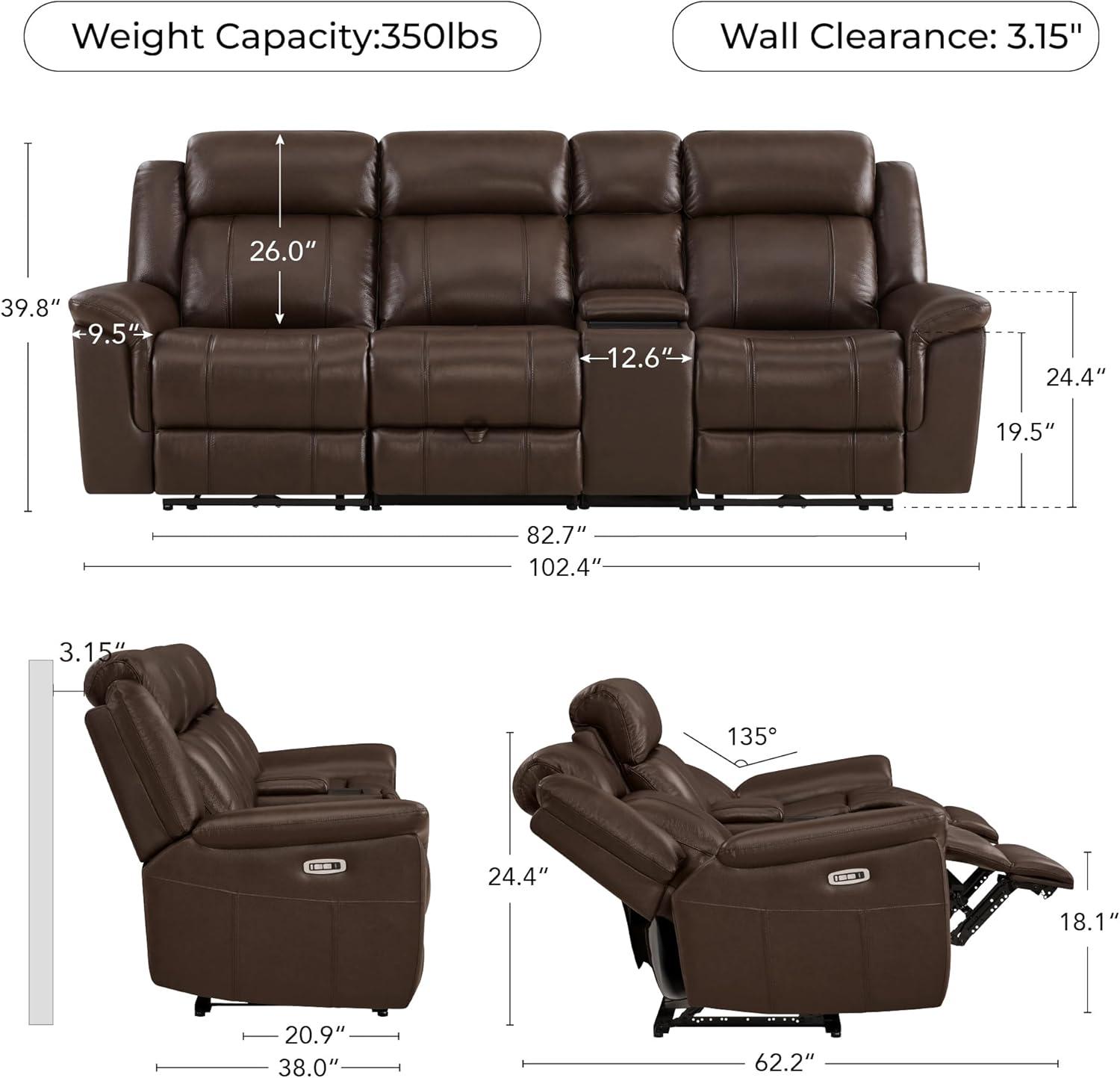 image:imageCHITA Genuine Leather Power Recliner Sofa Wall Hugger Reclining Loveseat with Console Power Headrest Charging Ports Reclining Sectional Couch for Living Room RV Dark BrownDark Brown