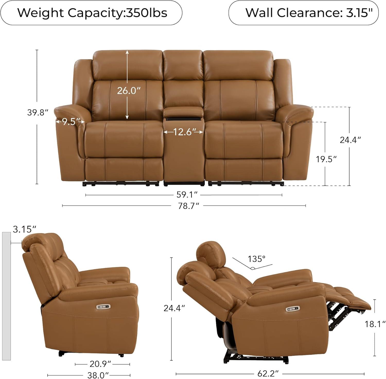image:imageCHITA Genuine Leather Power Recliner Sofa Wall Hugger Reclining Loveseat with Console Power Headrest Charging Ports Reclining Sectional Couch for Living Room RV Dark BrownSaddle