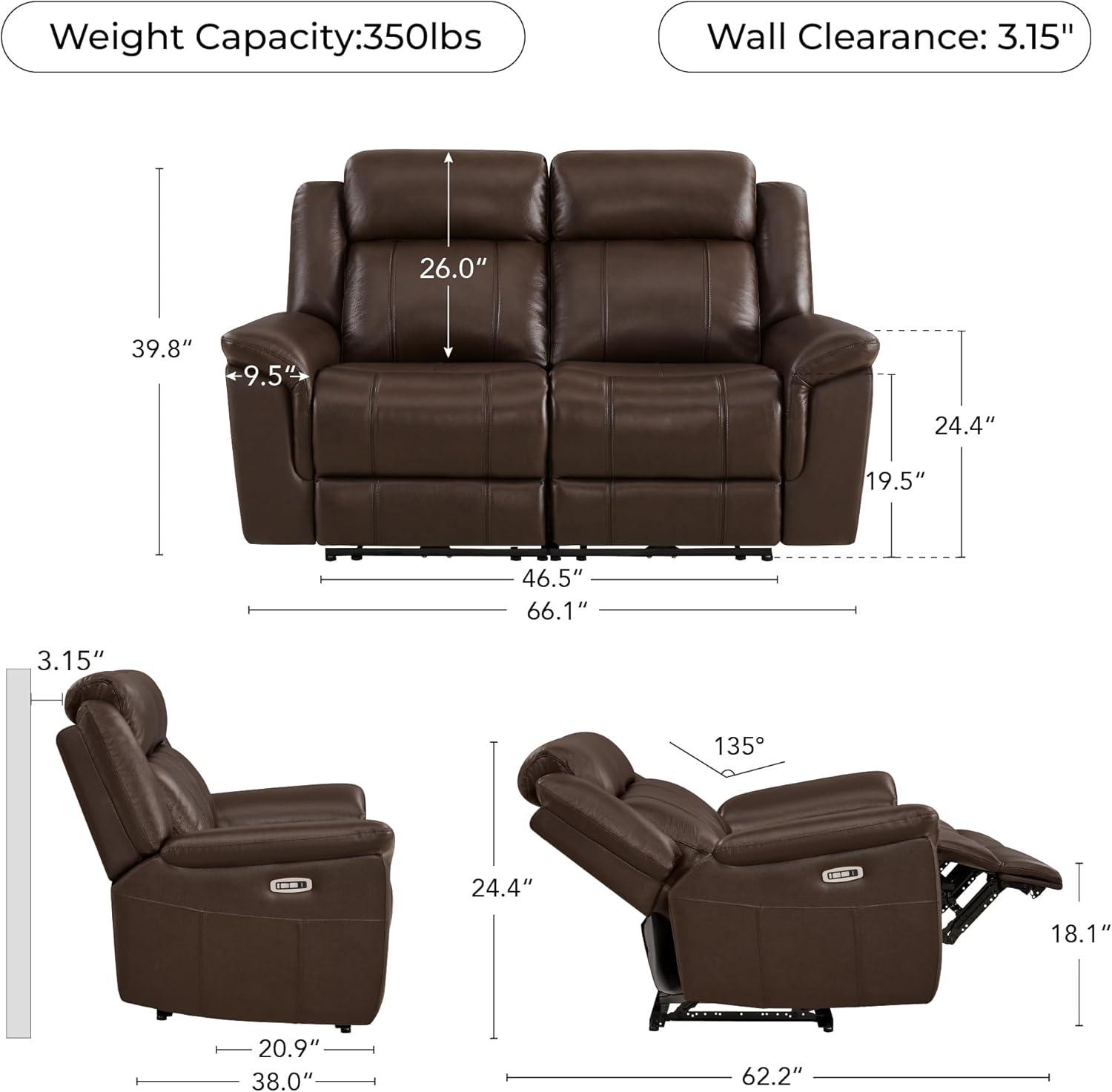 image:imageCHITA Genuine Leather Power Recliner Sofa Wall Hugger Reclining Loveseat with Console Power Headrest Charging Ports Reclining Sectional Couch for Living Room RV Dark BrownDark Brown