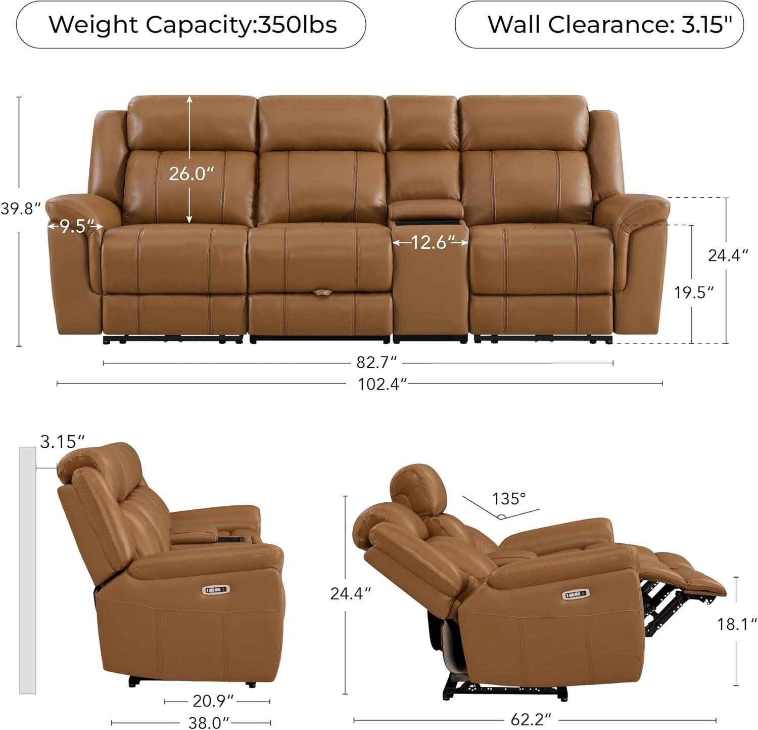 image:imageCHITA Genuine Leather Power Recliner Sofa Wall Hugger Reclining Loveseat with Console Power Headrest Charging Ports Reclining Sectional Couch for Living Room RV Dark BrownSaddle