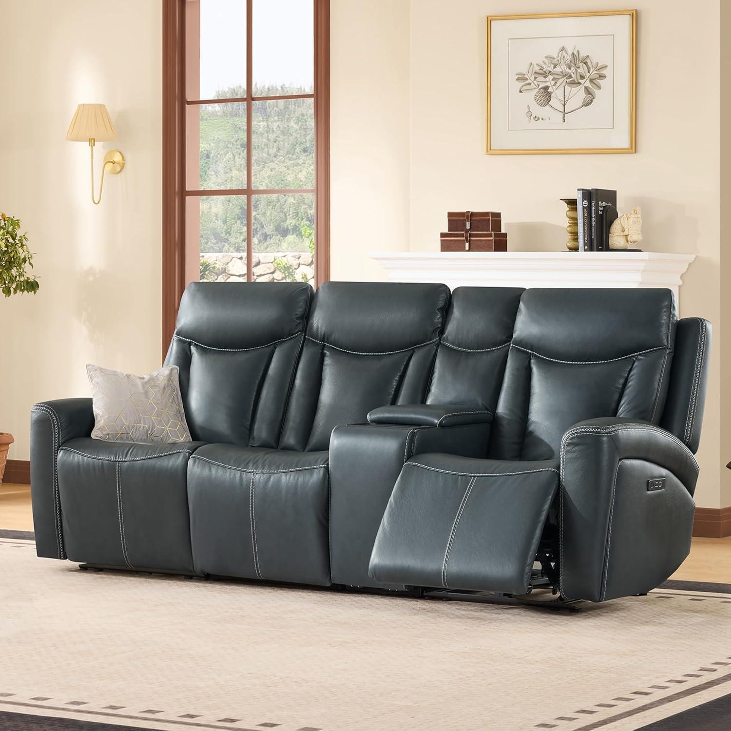 image:imageCHITA Genuine Leather Power Reclining Sofa Super Zero Gravity Recliner Loveseat with Power Headrest USB amp TypeC Charging Ports Dual Motor Reclining Sectional Couch for Living Room SaddleNavy
