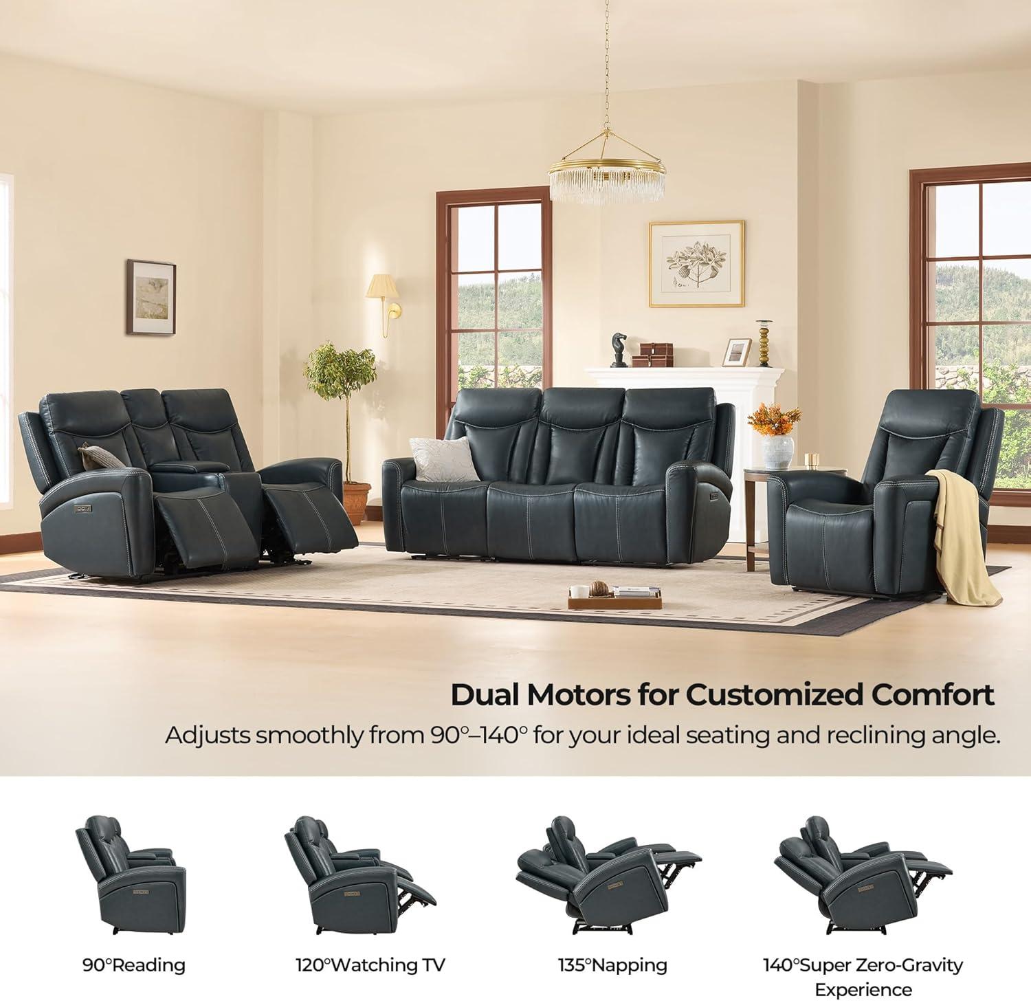 image:imageCHITA Genuine Leather Power Reclining Sofa Super Zero Gravity Recliner Loveseat with Power Headrest USB amp TypeC Charging Ports Dual Motor Reclining Sectional Couch for Living Room SaddleNavy