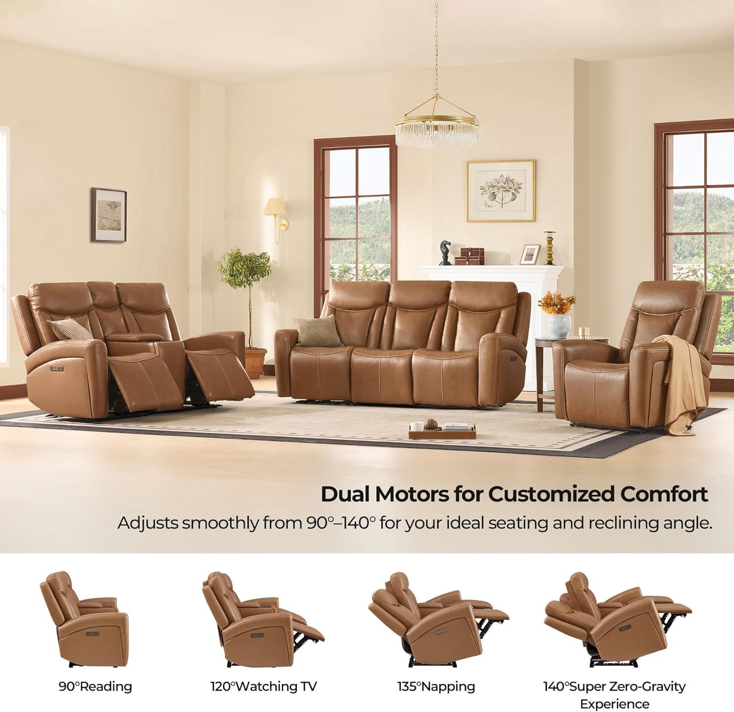 image:imageCHITA Genuine Leather Power Reclining Sofa Super Zero Gravity Recliner Loveseat with Power Headrest USB amp TypeC Charging Ports Dual Motor Reclining Sectional Couch for Living Room SaddleSaddle
