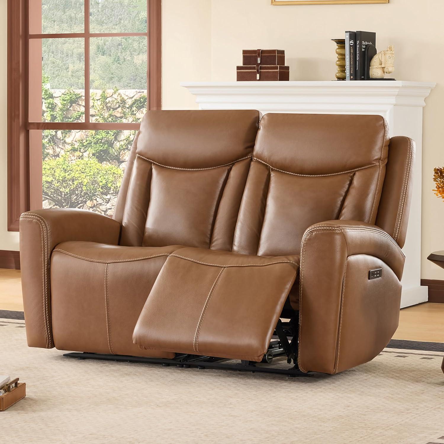 image:imageCHITA Genuine Leather Power Reclining Sofa Super Zero Gravity Recliner Loveseat with Power Headrest USB amp TypeC Charging Ports Dual Motor Reclining Sectional Couch for Living Room SaddleSaddle