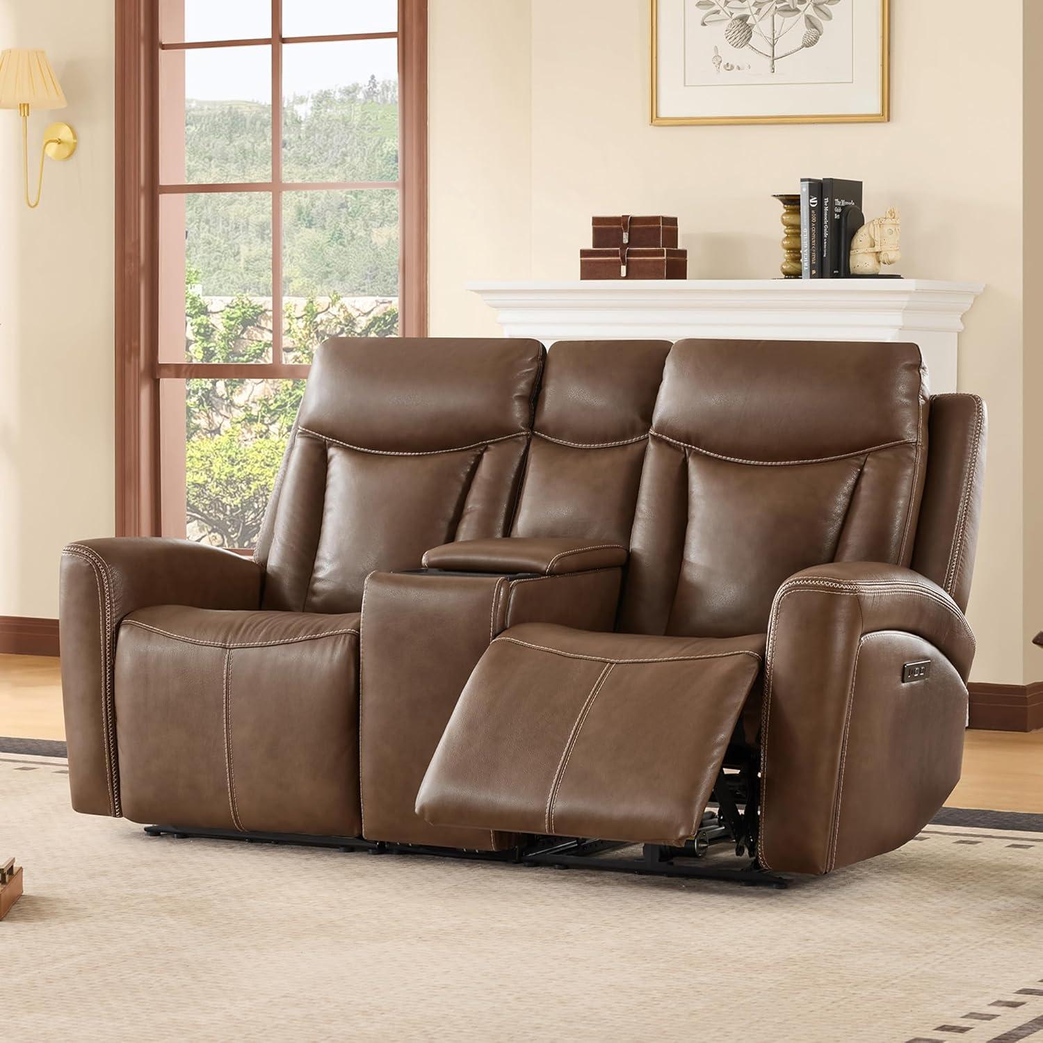 image:imageCHITA Genuine Leather Power Reclining Sofa Super Zero Gravity Recliner Loveseat with Power Headrest USB amp TypeC Charging Ports Dual Motor Reclining Sectional Couch for Living Room SaddleCafe