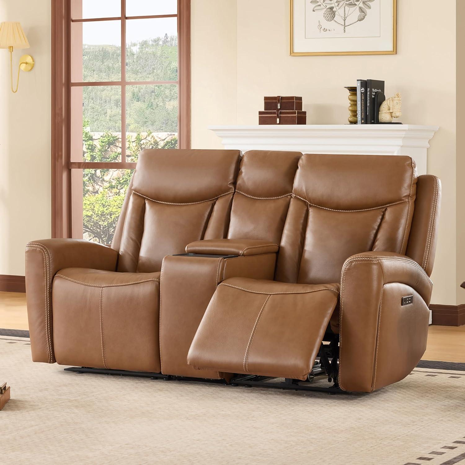 image:imageCHITA Genuine Leather Power Reclining Sofa Super Zero Gravity Recliner Loveseat with Power Headrest USB amp TypeC Charging Ports Dual Motor Reclining Sectional Couch for Living Room SaddleSaddle