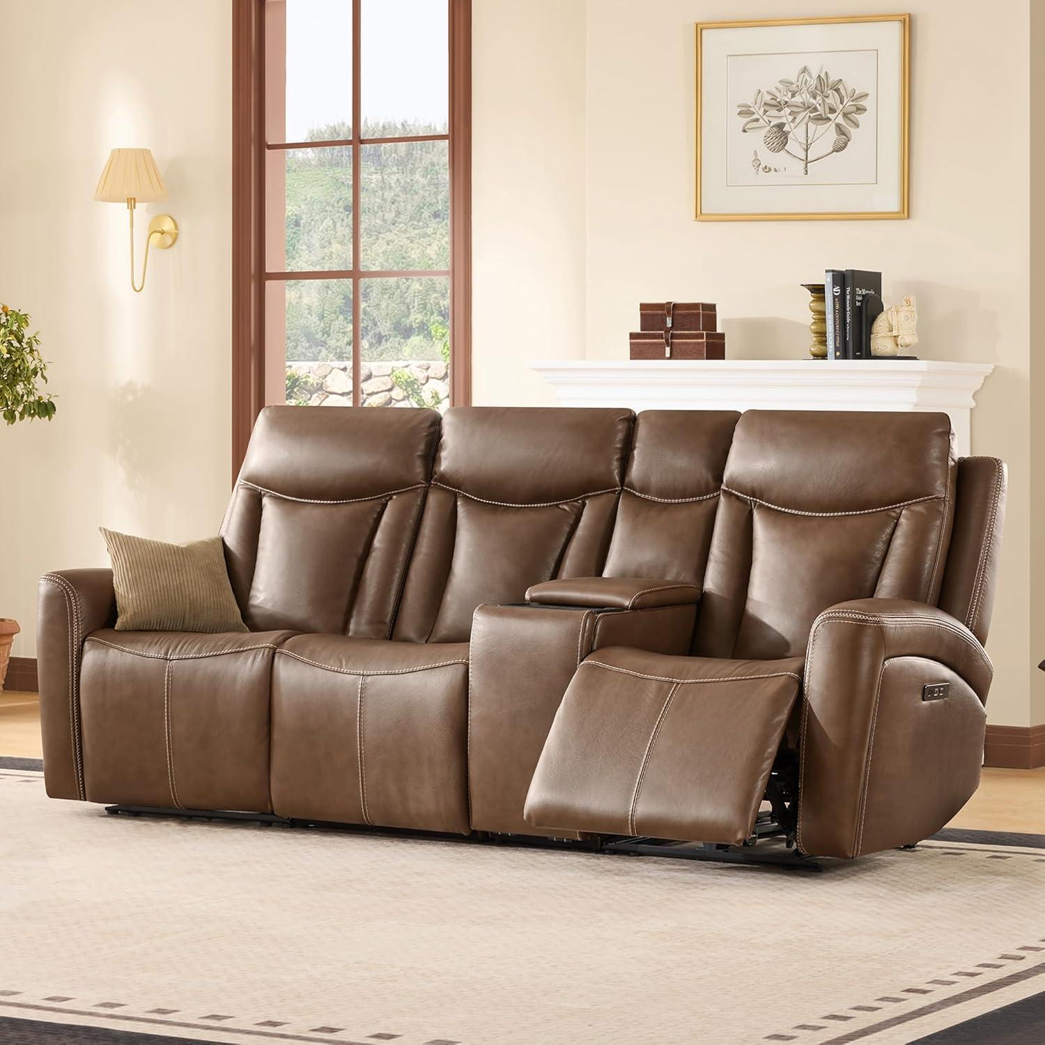 image:imageCHITA Genuine Leather Power Reclining Sofa Super Zero Gravity Recliner Loveseat with Power Headrest USB amp TypeC Charging Ports Dual Motor Reclining Sectional Couch for Living Room SaddleCafe