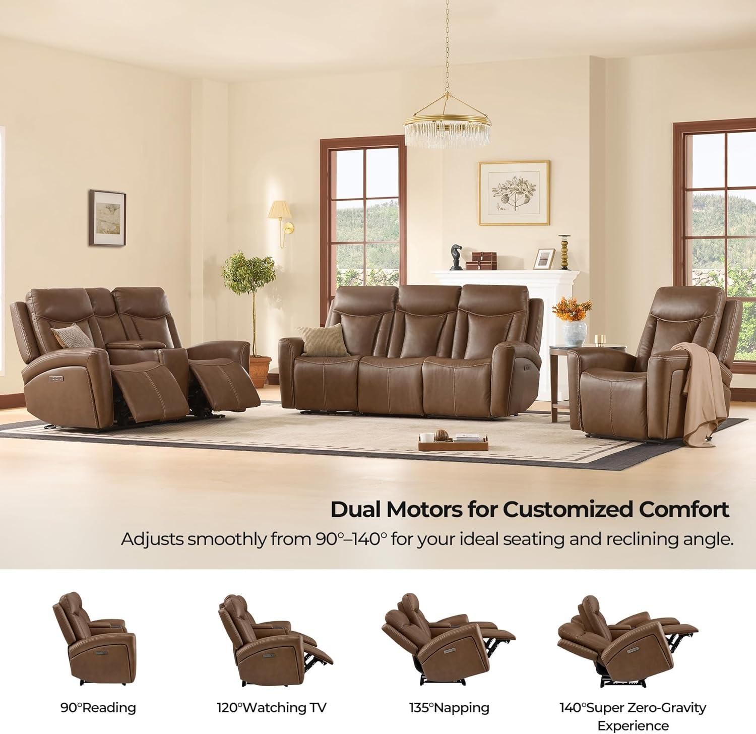image:imageCHITA Genuine Leather Power Reclining Sofa Super Zero Gravity Recliner Loveseat with Power Headrest USB amp TypeC Charging Ports Dual Motor Reclining Sectional Couch for Living Room SaddleCafe