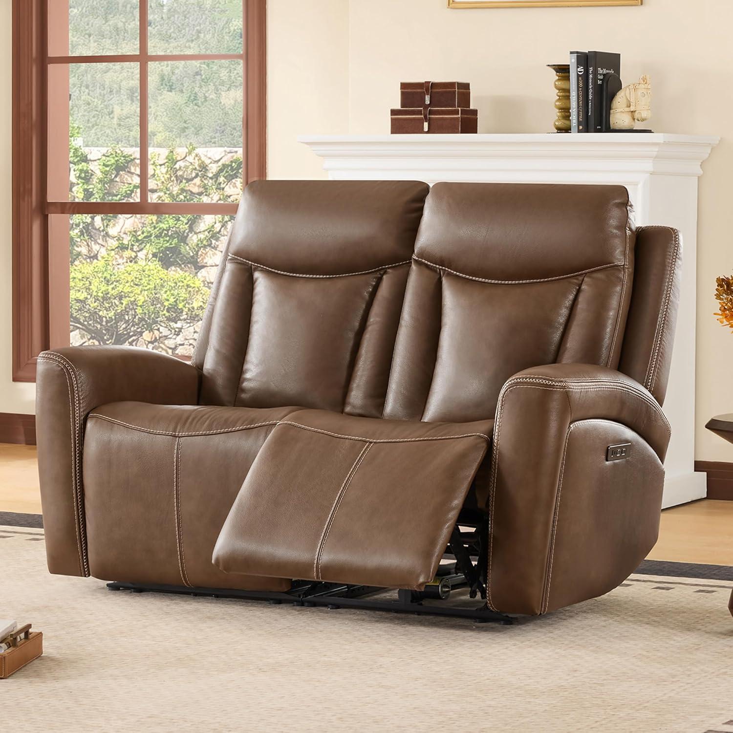 image:imageCHITA Genuine Leather Power Reclining Sofa Super Zero Gravity Recliner Loveseat with Power Headrest USB amp TypeC Charging Ports Dual Motor Reclining Sectional Couch for Living Room SaddleCafe