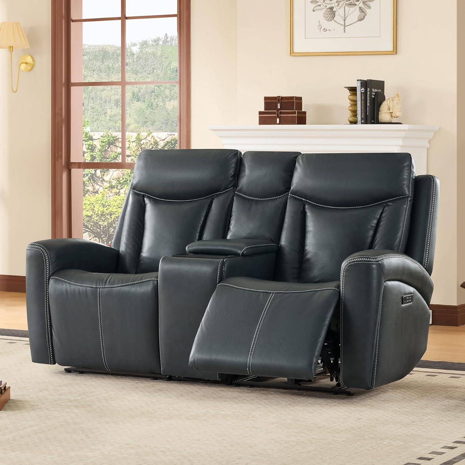 image:imageCHITA Genuine Leather Power Reclining Sofa Super Zero Gravity Recliner Loveseat with Power Headrest USB amp TypeC Charging Ports Dual Motor Reclining Sectional Couch for Living Room SaddleNavy