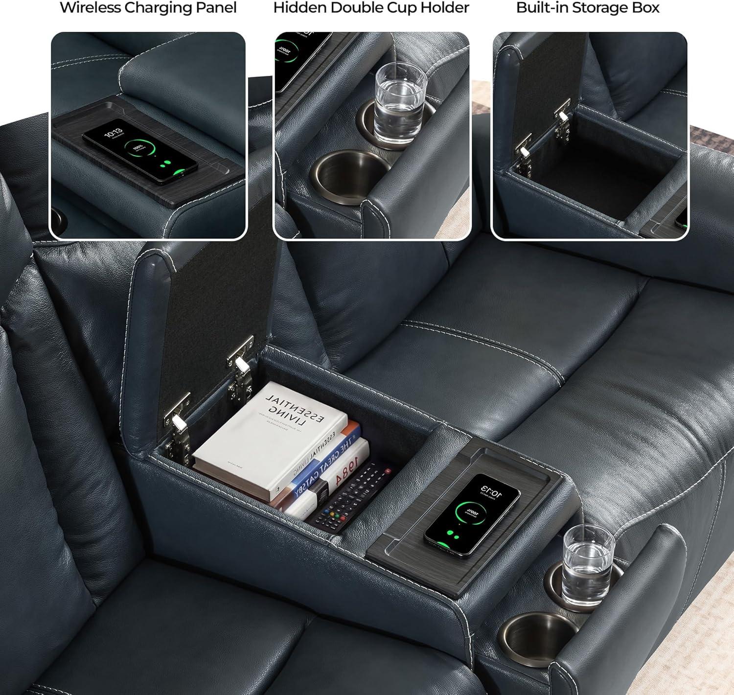 image:imageCHITA Genuine Leather Power Reclining Sofa Super Zero Gravity Recliner Loveseat with Power Headrest USB amp TypeC Charging Ports Dual Motor Reclining Sectional Couch for Living Room SaddleNavy