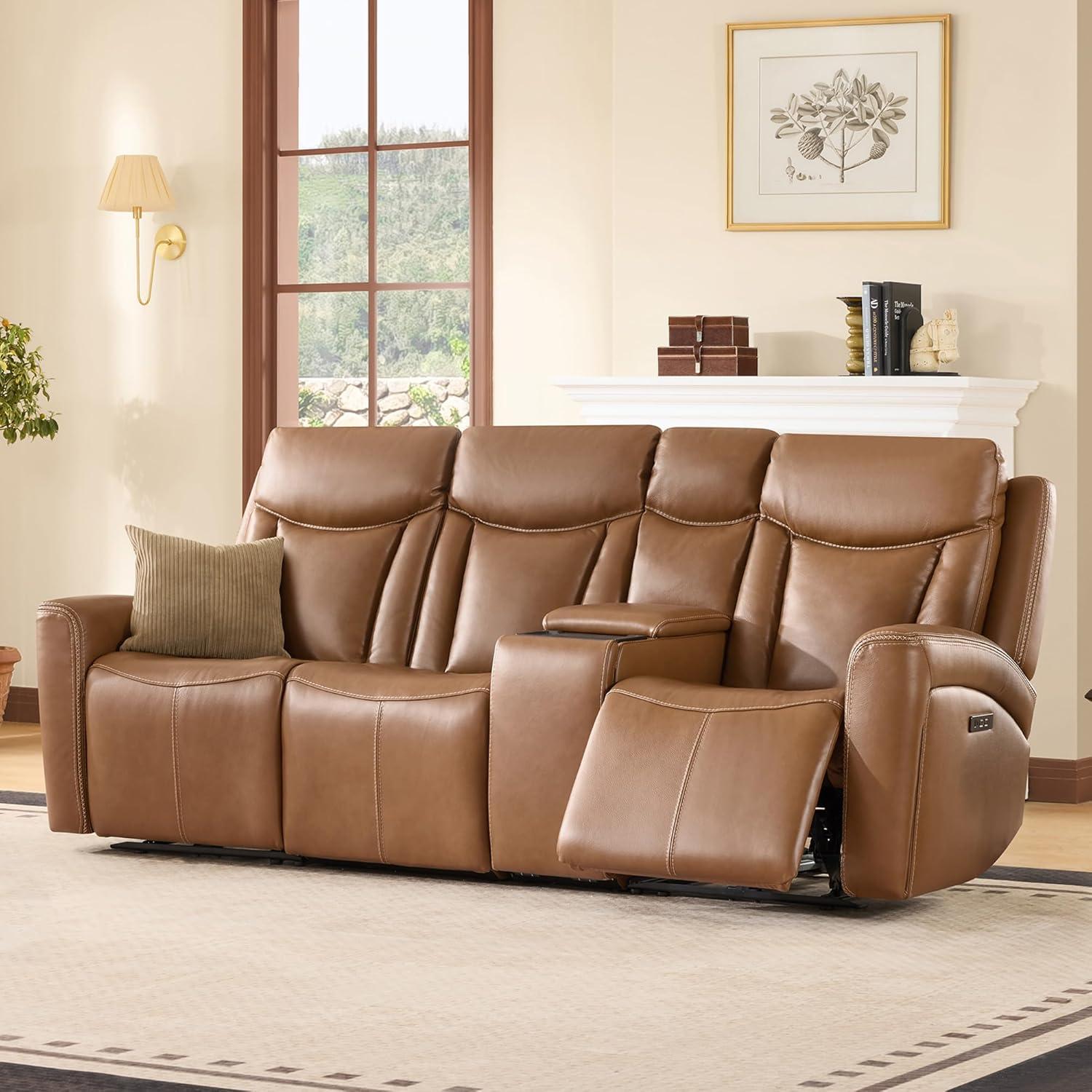 image:imageCHITA Genuine Leather Power Reclining Sofa Super Zero Gravity Recliner Loveseat with Power Headrest USB amp TypeC Charging Ports Dual Motor Reclining Sectional Couch for Living Room SaddleSaddle