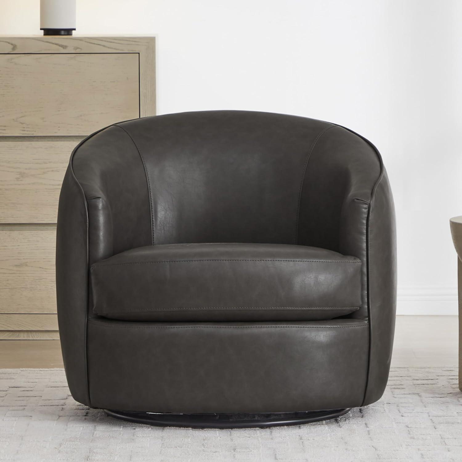 image:imageCHITA Genuine Leather Swivel Barrel Chair Modern Comfy FSC Certified Upholstered Leather Accent Chair for Living Room Fully Assembled MochaGrey