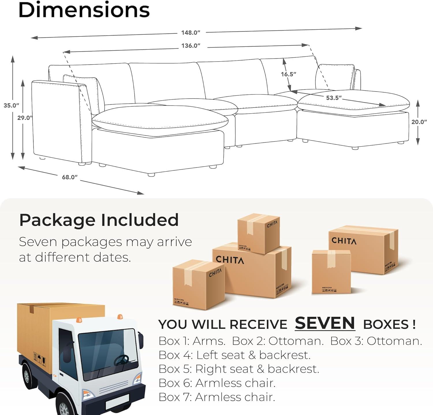 image:imageCHITA Luxury Oversized VShaped Sectional Modular Sofa Premium Down Filled Cloud Couch FSC Certified 107Width 6 Seat and 1 Middle Corner for Living Room CreamCream 6 Seat