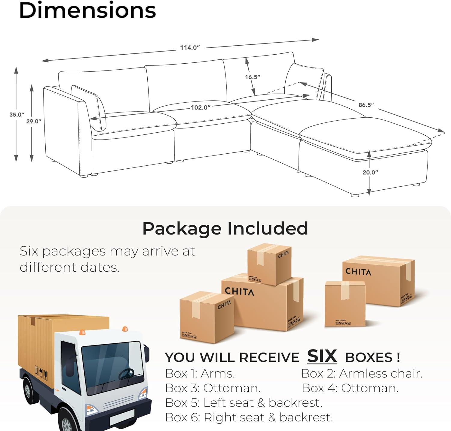 image:imageCHITA Luxury Oversized VShaped Sectional Modular Sofa Premium Down Filled Cloud Couch FSC Certified 107Width 6 Seat and 1 Middle Corner for Living Room CreamSnow 5 Seat
