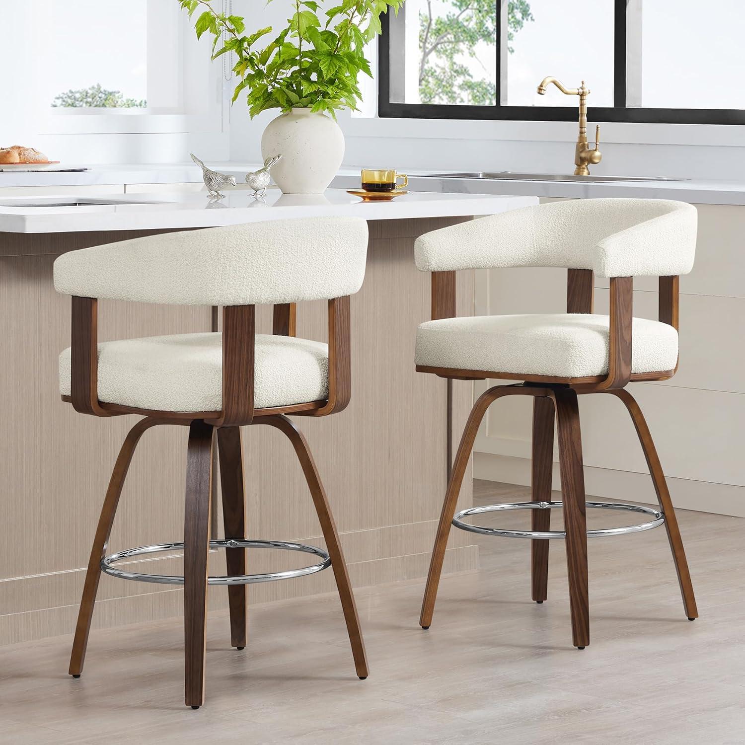 image:imageCHITA Swivel Counter Height Barstools Set of 2 FSC Certified Polyester Upholstered Bar Stools with Back and Armrest for Kitchen Island Home Bar 27 Seat Height Cream with Beige FrameCream With Walnut Frame
