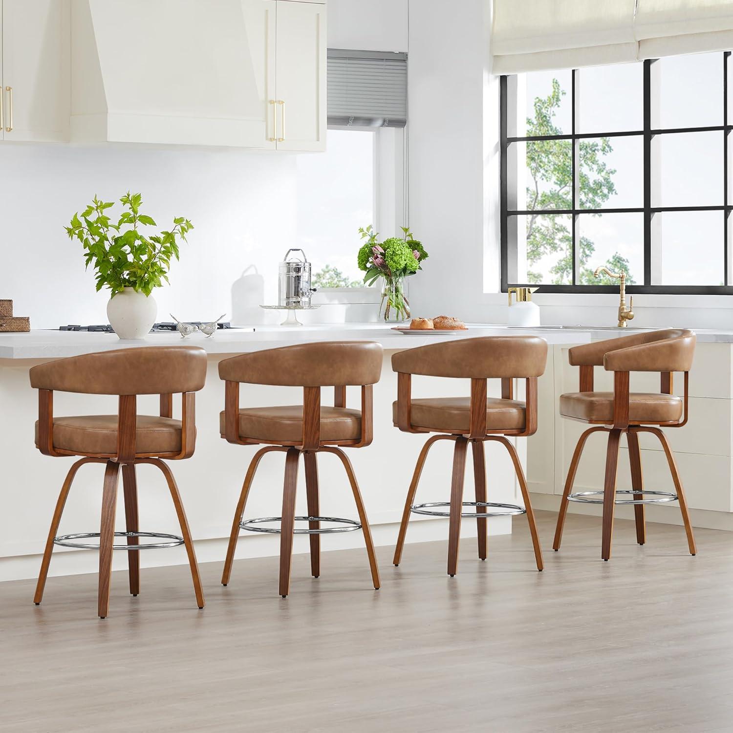 image:imageCHITA Swivel Counter Height Barstools Set of 2 FSC Certified Polyester Upholstered Bar Stools with Back and Armrest for Kitchen Island Home Bar 27 Seat Height Cream with Beige FrameCamel With Walnut Frame