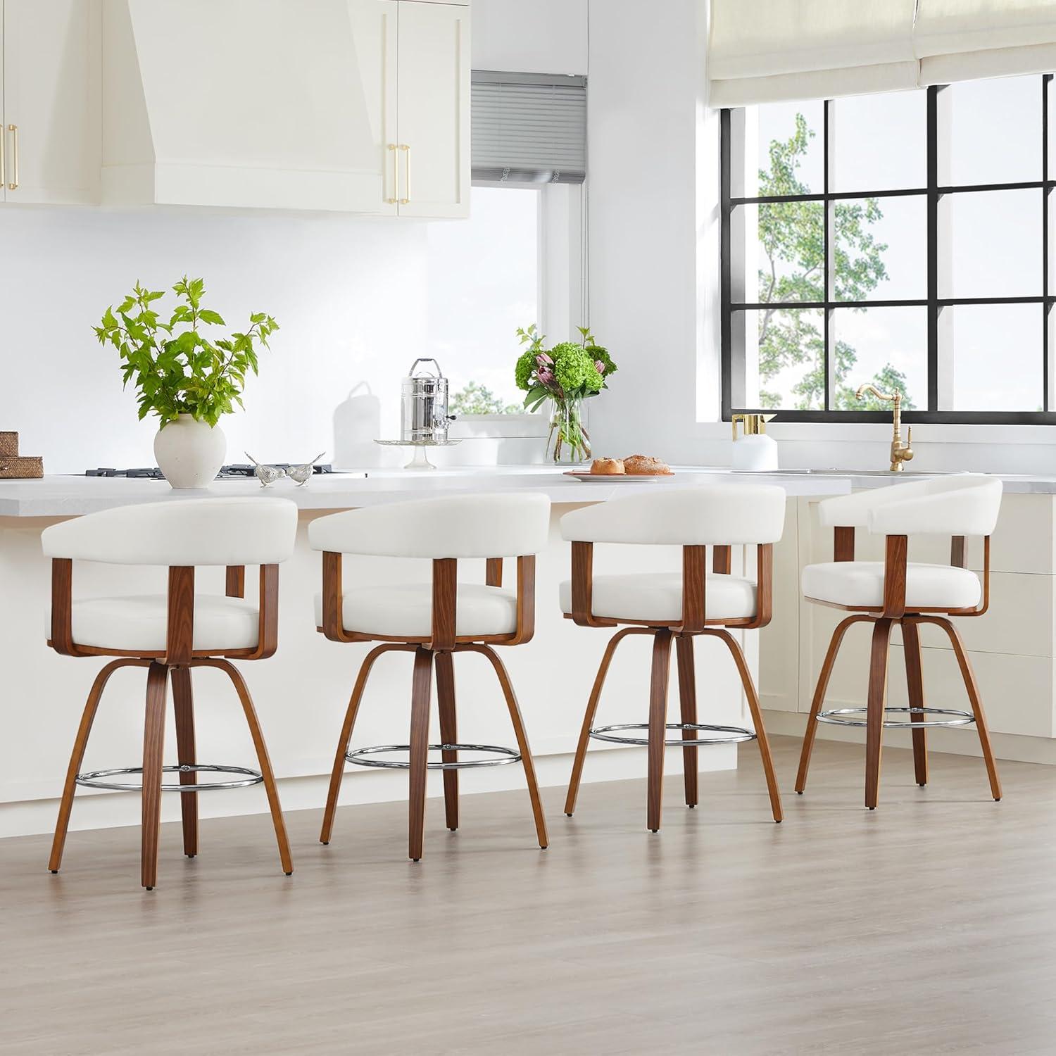 image:imageCHITA Swivel Counter Height Barstools Set of 2 FSC Certified Polyester Upholstered Bar Stools with Back and Armrest for Kitchen Island Home Bar 27 Seat Height Cream with Beige FrameWhite With Walnut Frame