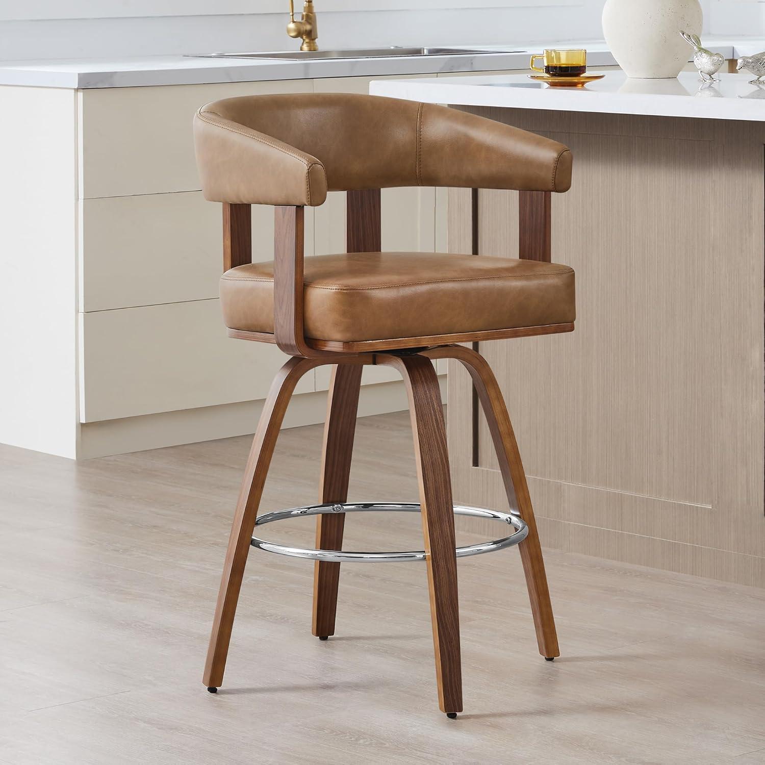 image:imageCHITA Swivel Counter Height Barstools Set of 2 FSC Certified Polyester Upholstered Bar Stools with Back and Armrest for Kitchen Island Home Bar 27 Seat Height Cream with Beige FrameCamel With Walnut Frame