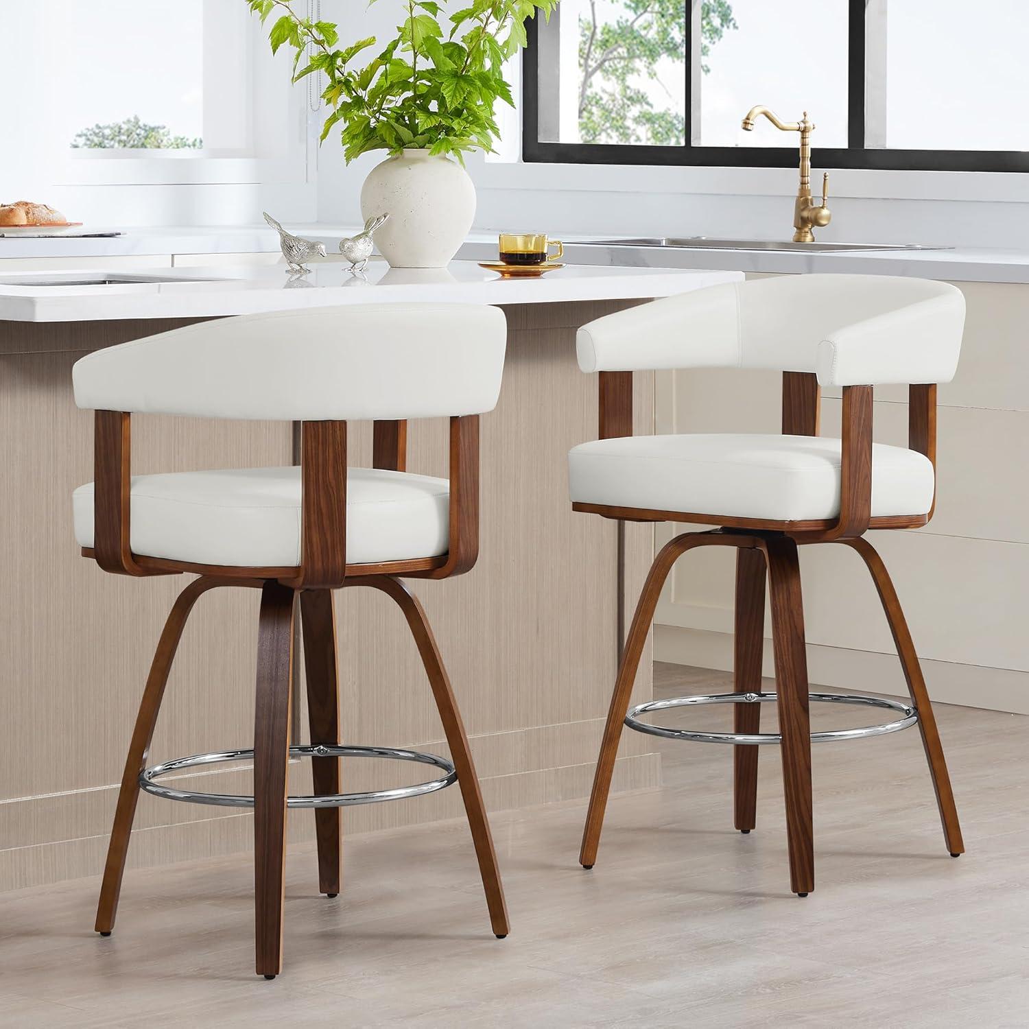 image:imageCHITA Swivel Counter Height Barstools Set of 2 FSC Certified Polyester Upholstered Bar Stools with Back and Armrest for Kitchen Island Home Bar 27 Seat Height Cream with Beige FrameWhite With Walnut Frame