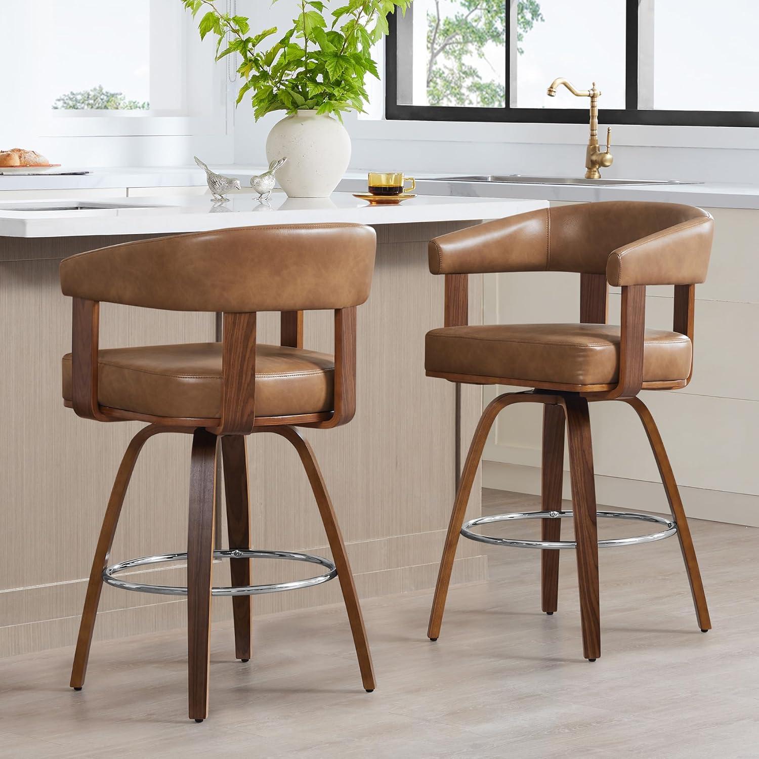 image:imageCHITA Swivel Counter Height Barstools Set of 2 FSC Certified Polyester Upholstered Bar Stools with Back and Armrest for Kitchen Island Home Bar 27 Seat Height Cream with Beige FrameCamel With Walnut Frame