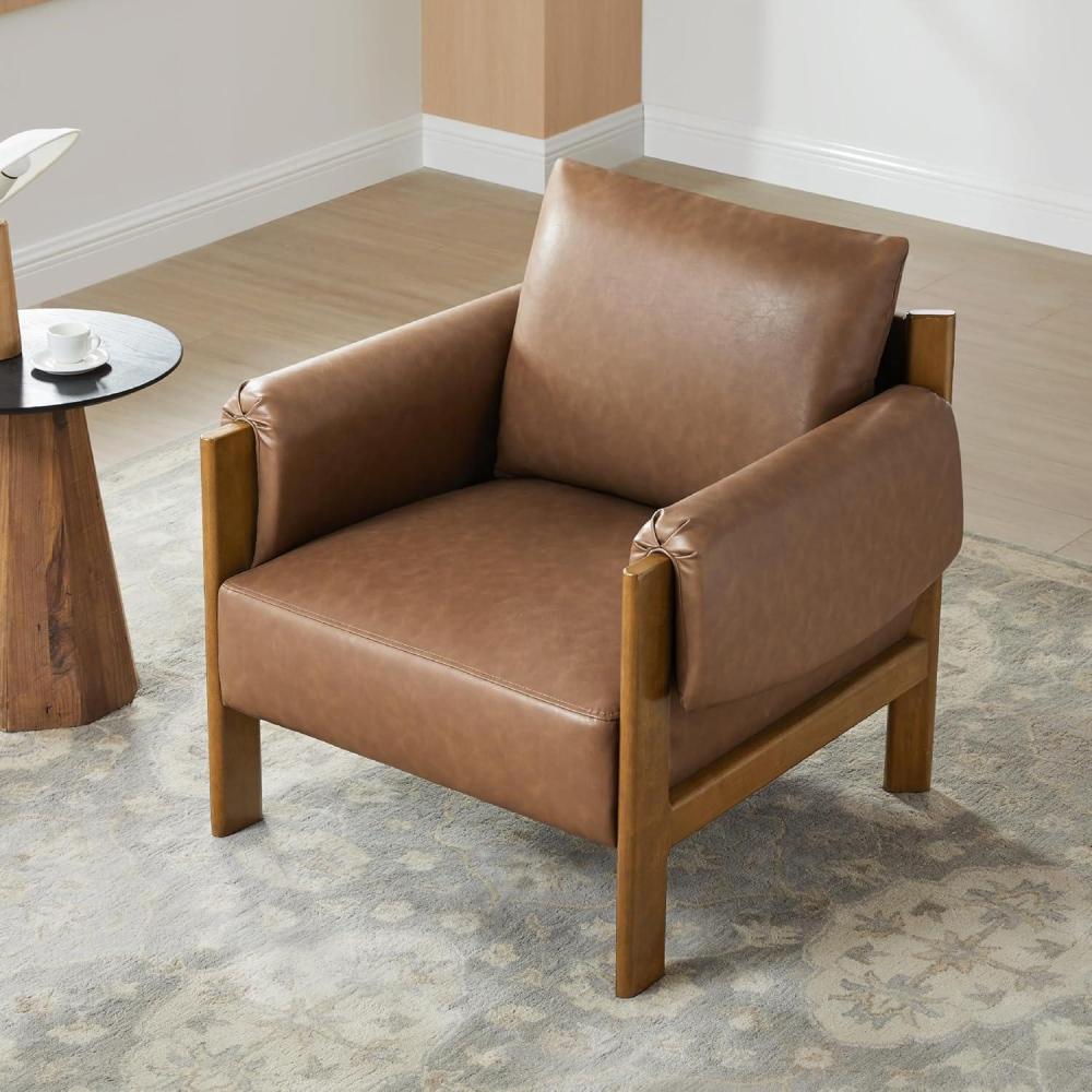 image:imageCHITA Accent Chair Mid Century Modern Upholstery Armchair for Living Room Solid Wood Frame Faux Leather in Saddle BrownSaddle Brown