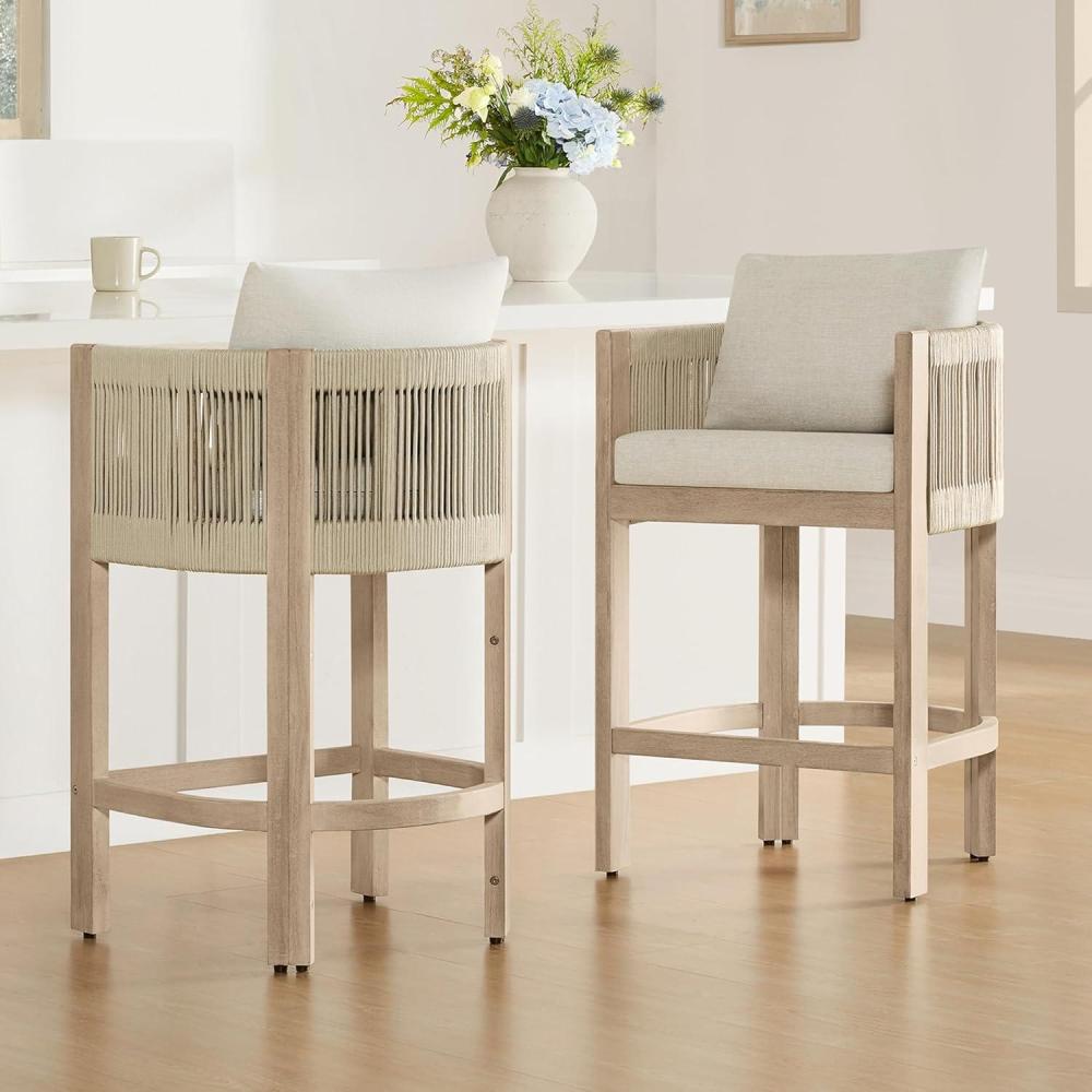 image:imageCHITA Cord Braid Counter Height Barstools Set of 2 Modern Outdoor Bar Stool Fabric Upholstered Woven Rope Counter Stools for Kitchen Island Home Bar 27 Seat Height Cream