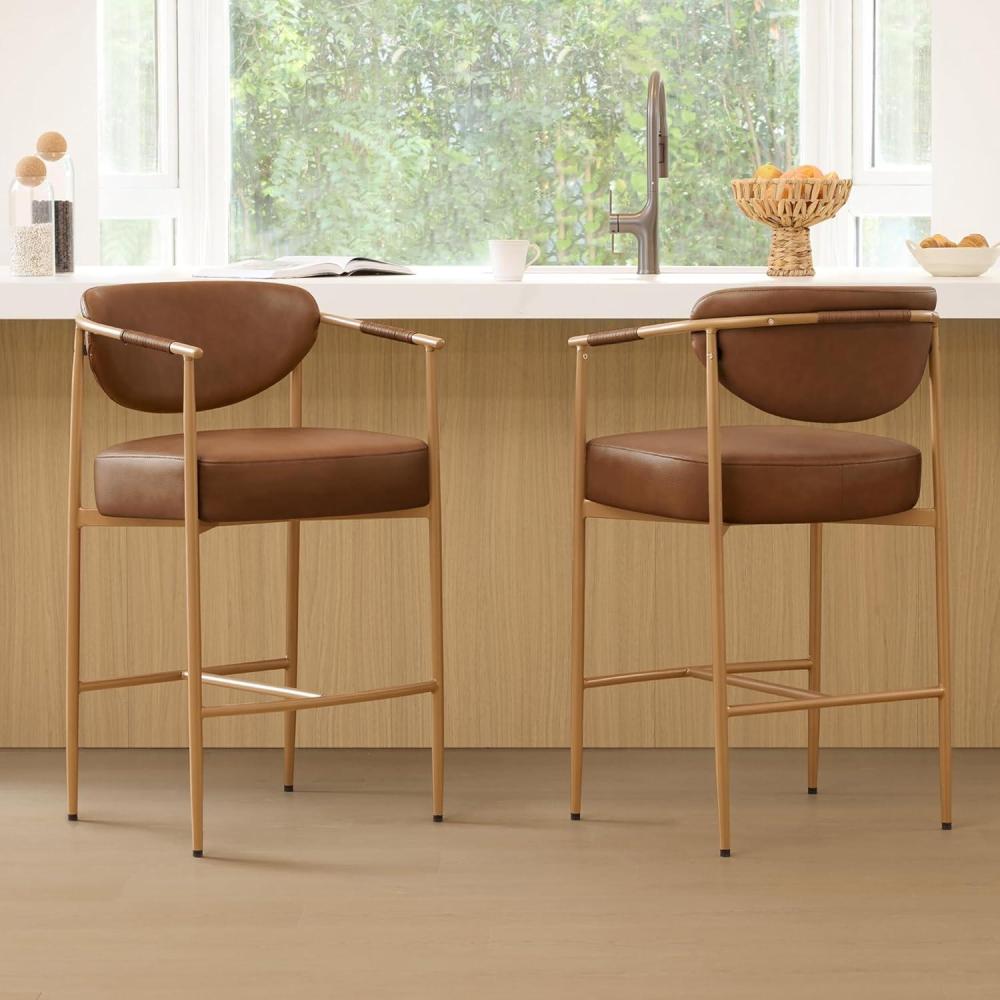 image:imageCHITA Counter Height Bar Stools Set of 2 Modern Upholstered Barstool with Arms and Metal Legs Counter Stools for Kitchen Island Home Bar 27 Seat Height Faux Leather in Saddle BrownFaux Leather in Saddle Brown