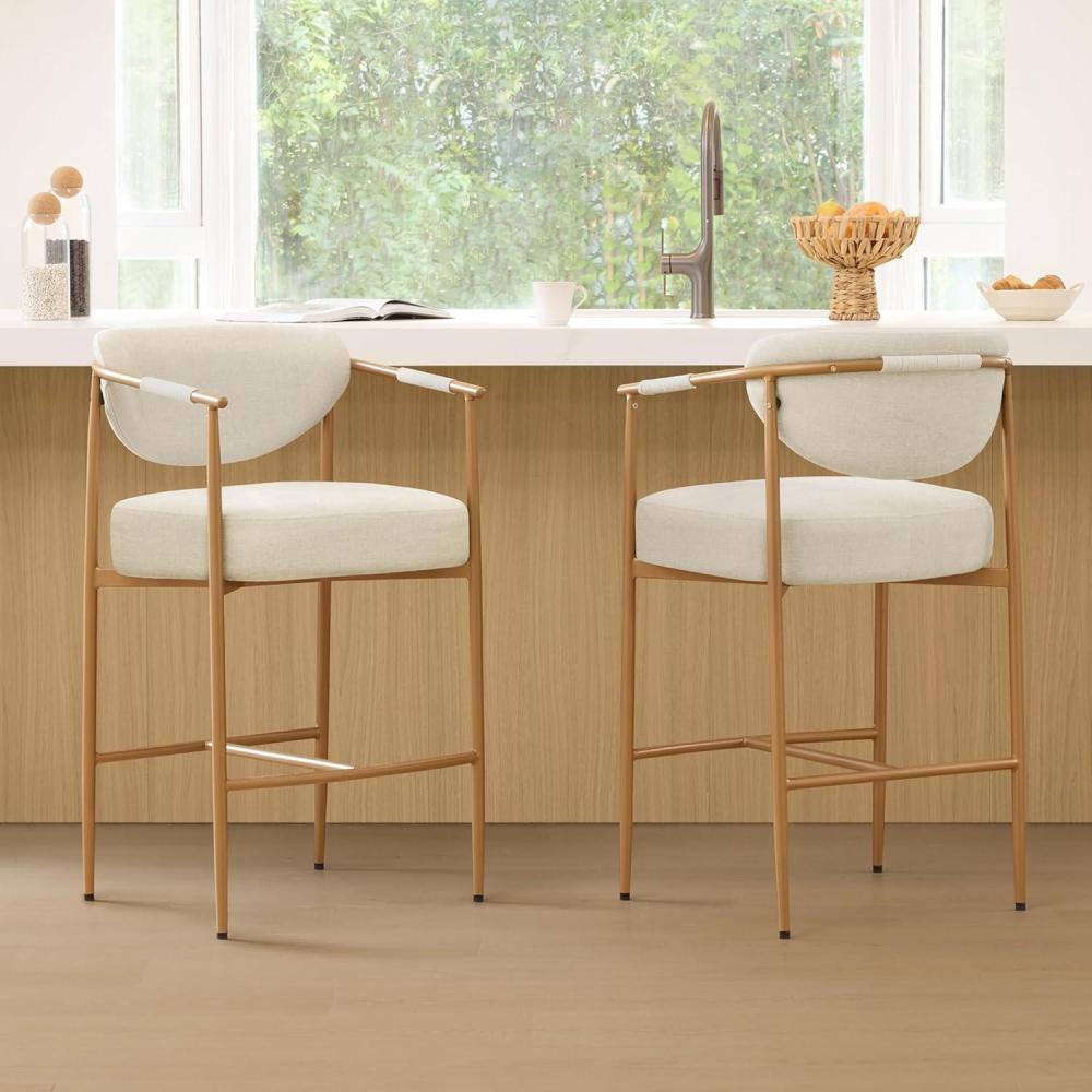 image:imageCHITA Counter Height Bar Stools Set of 2 Modern Upholstered Barstool with Arms and Metal Legs Counter Stools for Kitchen Island Home Bar 27 Seat Height Faux Leather in Saddle BrownFabricr in Linen