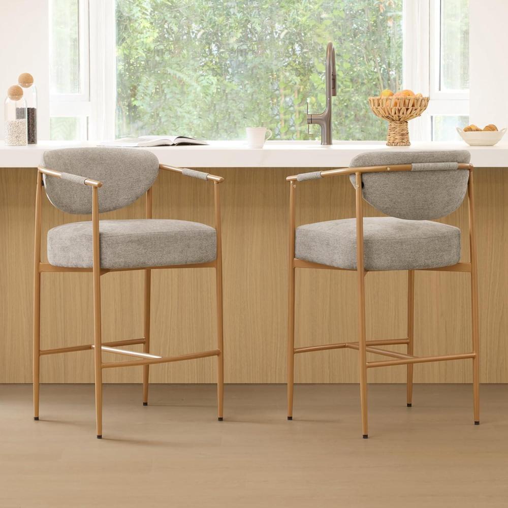 image:imageCHITA Counter Height Bar Stools Set of 2 Modern Upholstered Barstool with Arms and Metal Legs Counter Stools for Kitchen Island Home Bar 27 Seat Height Faux Leather in Saddle BrownFabric in Khaki