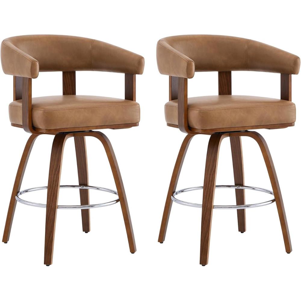 image:imageCHITA Swivel Counter Height Barstools Set of 2 FSC Certified Polyester Upholstered Bar Stools with Back and Armrest for Kitchen Island Home Bar 27 Seat Height Cream with Beige FrameCamel With Walnut Frame