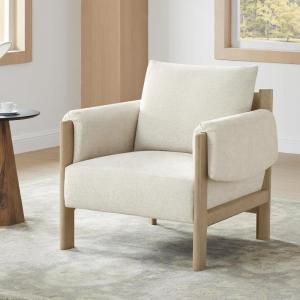 CHITA Accent Chair, Mid Century Modern Upholstery Armchair for Living Room, Solid Wood Frame, Faux Leather in Saddle Brown(Linen With Gray Frame)
