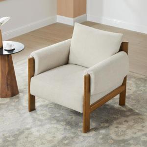CHITA Accent Chair, Mid Century Modern Upholstery Armchair for Living Room, Solid Wood Frame, Faux Leather in Saddle Brown(Linen With Walnut Color Frame)