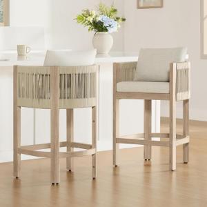 CHITA Cord Braid Counter Height Barstools Set of 2, Modern Outdoor Bar Stool, Fabric Upholstered Woven Rope Counter Stools for Kitchen Island Home Bar, 27″ Seat Height, Cream