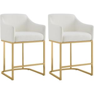 CHITA Counter Height Bar Stools Set of 2, Modern Barrel Counter Stools with Backrest and Arms, FSC Certified Faux Leather Upholstered Barstools for Kitchen Island, 24″ Seat Height, Saddle Brown(White & Gold)