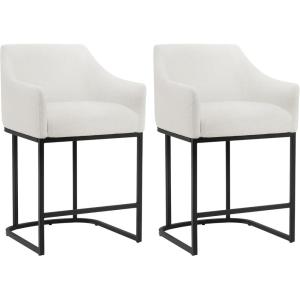 CHITA Counter Height Bar Stools Set of 2, Modern Barrel Counter Stools with Backrest and Arms, FSC Certified Faux Leather Upholstered Barstools for Kitchen Island, 24″ Seat Height, Saddle Brown(White)