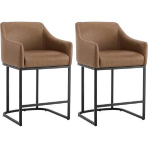 CHITA Counter Height Bar Stools Set of 2, Modern Barrel Counter Stools with Backrest and Arms, FSC Certified Faux Leather Upholstered Barstools for Kitchen Island, 24″ Seat Height, Saddle Brown(Saddle Brown)