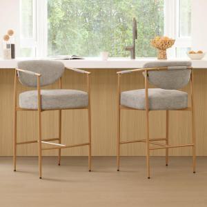 CHITA Counter Height Bar Stools Set of 2, Modern Upholstered Barstool with Arms and Metal Legs, Counter Stools for Kitchen Island, Home Bar, 27″ Seat Height, Faux Leather in Saddle Brown(Fabric in Khaki)