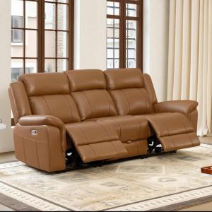 CHITA Genuine Leather Power Recliner Sofa, Wall Hugger Reclining Loveseat with Console, Power Headrest, Charging Ports, Reclining Sectional Couch for Living Room, RV, Dark Brown(Saddle)