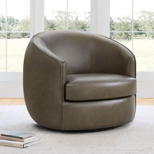 CHITA Genuine Leather Swivel Barrel Chair, Modern Comfy FSC Certified Upholstered Leather Accent Chair for Living Room, Fully Assembled, Mocha(Mink Brown)