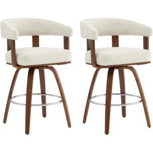 CHITA Swivel Counter Height Barstools Set of 2, FSC Certified Polyester Upholstered Bar Stools with Back and Armrest for Kitchen Island Home Bar, 27″ Seat Height, Cream with Beige Frame(Cream With Walnut Frame)