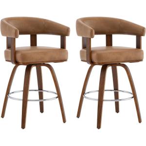 CHITA Swivel Counter Height Barstools Set of 2, FSC Certified Polyester Upholstered Bar Stools with Back and Armrest for Kitchen Island Home Bar, 27″ Seat Height, Cream with Beige Frame(Camel With Walnut Frame)